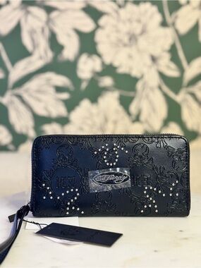 Ed Hardy Black Embossed Skull Zip-Around Wallet with Crystal Studs